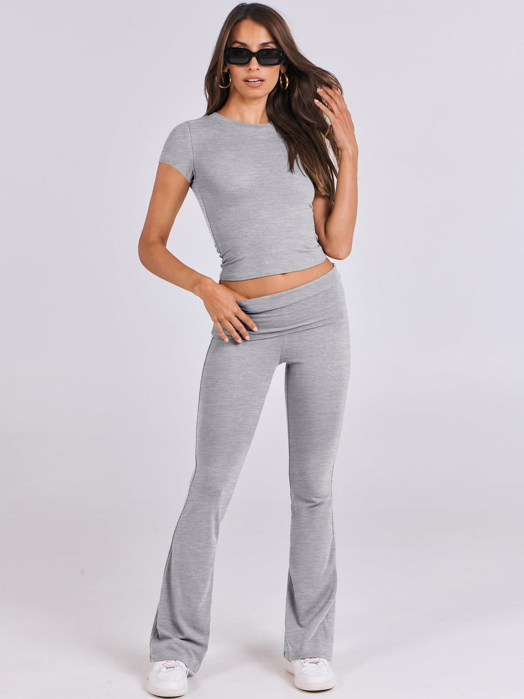 ANRABESS Lounge Sets for Women 2 Piece Foldover Yoga Flare Leggings Pants Crop Tops Casual Y2K Outfits Matching Tracksuit Set