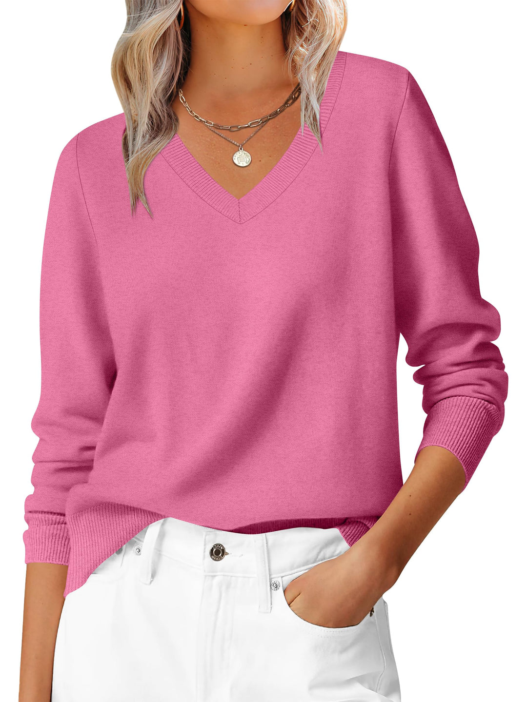 ANRABESS Womens Long Sleeve V Neck Sweaters 2025 Fall Fashion Wool Blend Work Pullover Top Travel Vacation Outfits