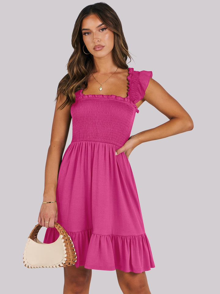 ANRABESS Women's Summer Casual Sleeveless Square Neck Dress 2025 Smocked Ruffle Backless Boho Beach Cute Teen Short Sundress