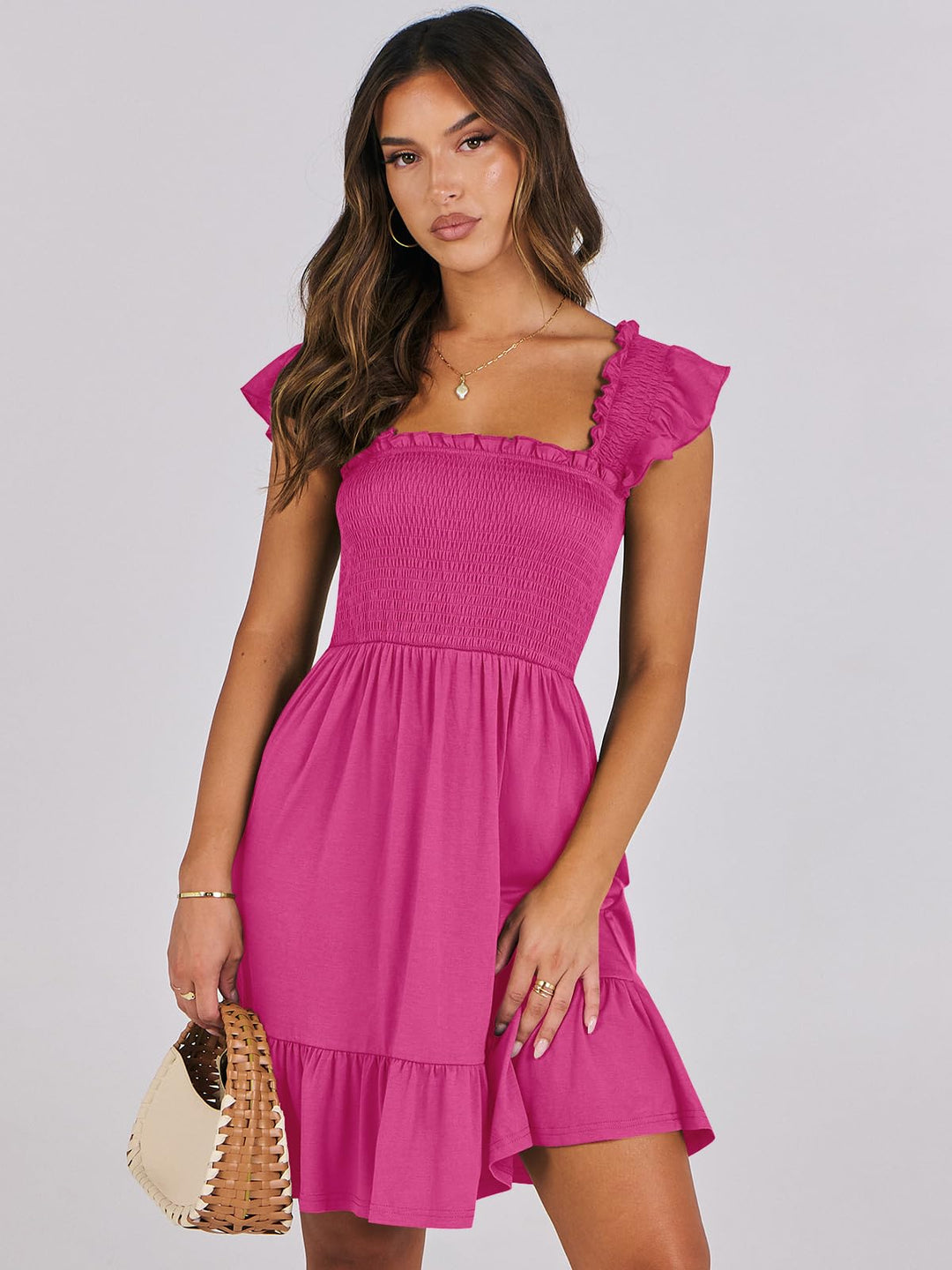 ANRABESS Women's Summer Casual Sleeveless Square Neck Dress 2025 Smocked Ruffle Backless Boho Beach Cute Teen Short Sundress