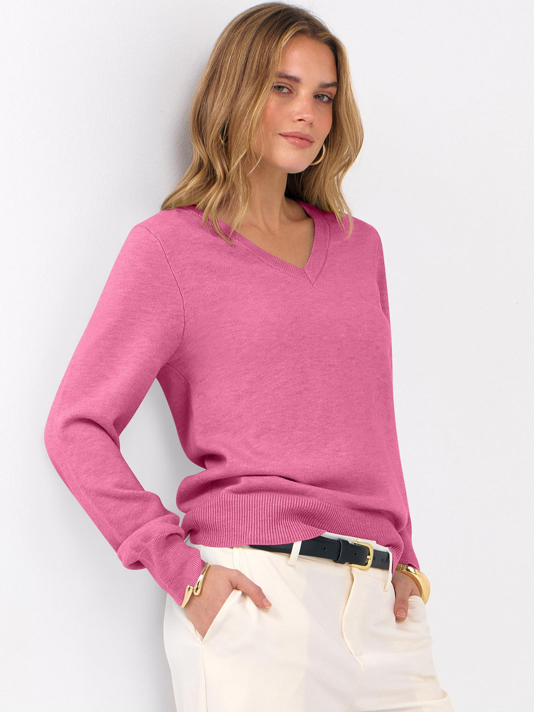 ANRABESS Womens Long Sleeve V Neck Sweaters 2025 Fall Fashion Wool Blend Work Pullover Top Travel Vacation Outfits