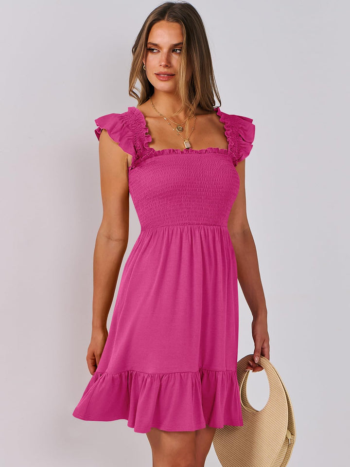ANRABESS Women's Summer Casual Sleeveless Square Neck Dress 2025 Smocked Ruffle Backless Boho Beach Cute Teen Short Sundress