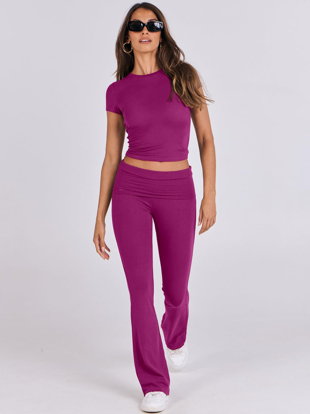 ANRABESS Lounge Sets for Women 2 Piece Foldover Yoga Flare Leggings Pants Crop Tops Casual Y2K Outfits Matching Tracksuit Set
