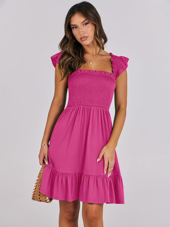 ANRABESS Women's Summer Casual Sleeveless Square Neck Dress 2025 Smocked Ruffle Backless Boho Beach Cute Teen Short Sundress