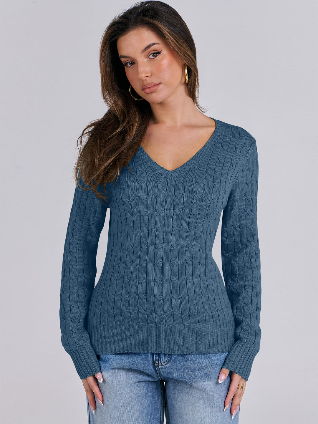 ANRABESS Womens Long Sleeve Cable Knit Sweater 2025 Fall Fashion V Neck Fitted Pullover Top Business Casual Work Fall Outfits