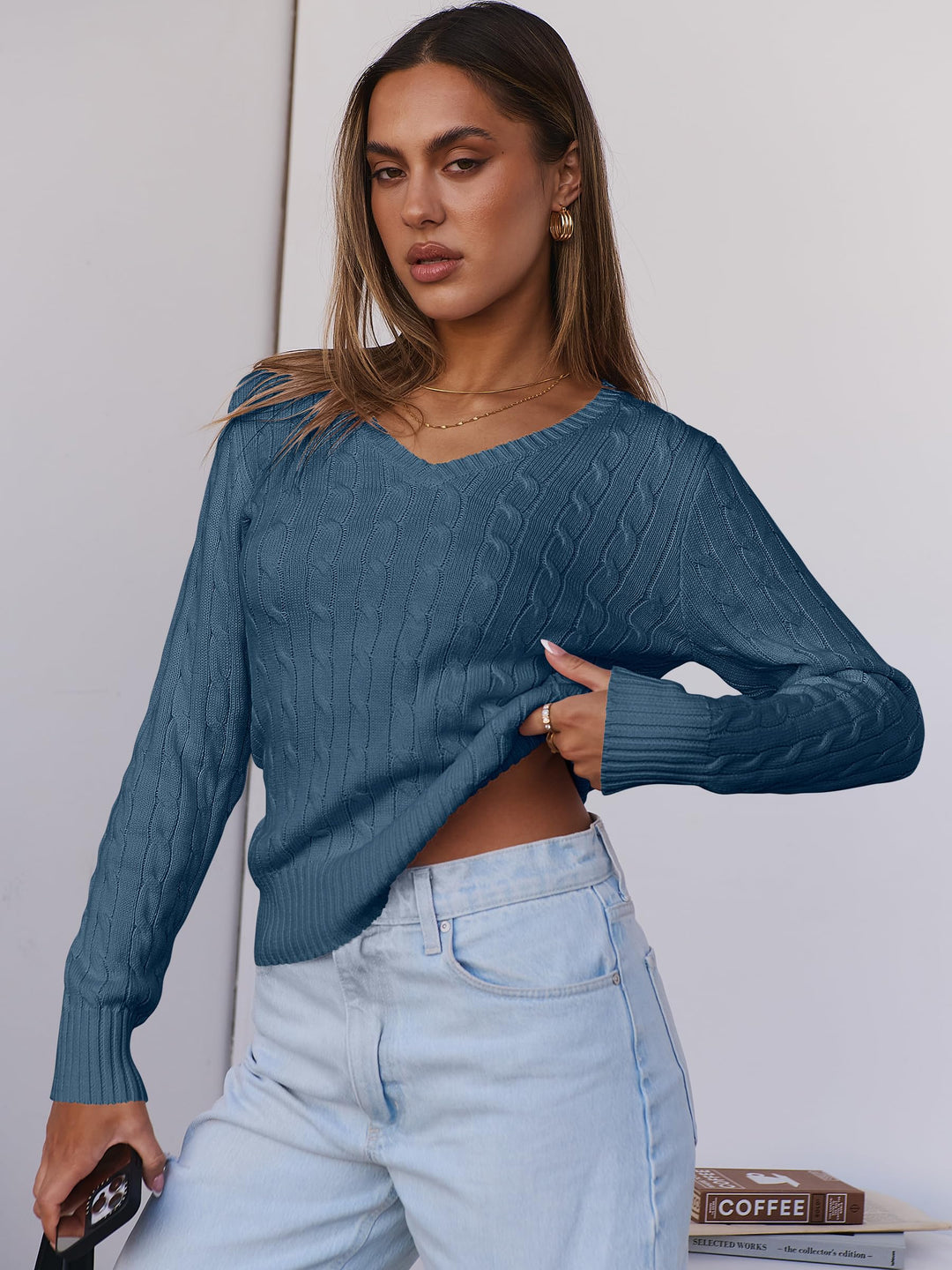 ANRABESS Womens Long Sleeve Cable Knit Sweater 2025 Fall Fashion V Neck Fitted Pullover Top Business Casual Work Fall Outfits