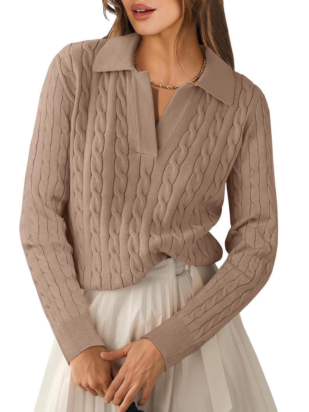 ANRABESS Womens Cable Knit Sweaters Long Sleeve V Neck Sweater Tops Casual Pullover Polo Shirts 2025 Fall Fashion Outfits