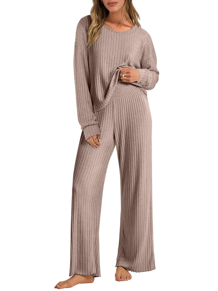 ANRABESS Women 2 Piece Lounge Pajamas Sets Casual Ribbed Knit Long Sleeve Top Pants Matching Set 2025 Fall Outfits Clothes