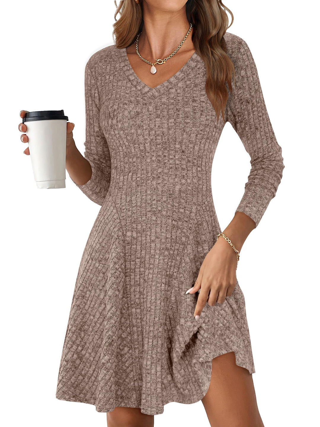 ANRABESS Women Long Sleeve Ribbed Knit Short Dresses 2025 Fall Winter V Neck Casual Swing A Line Sweater Dress