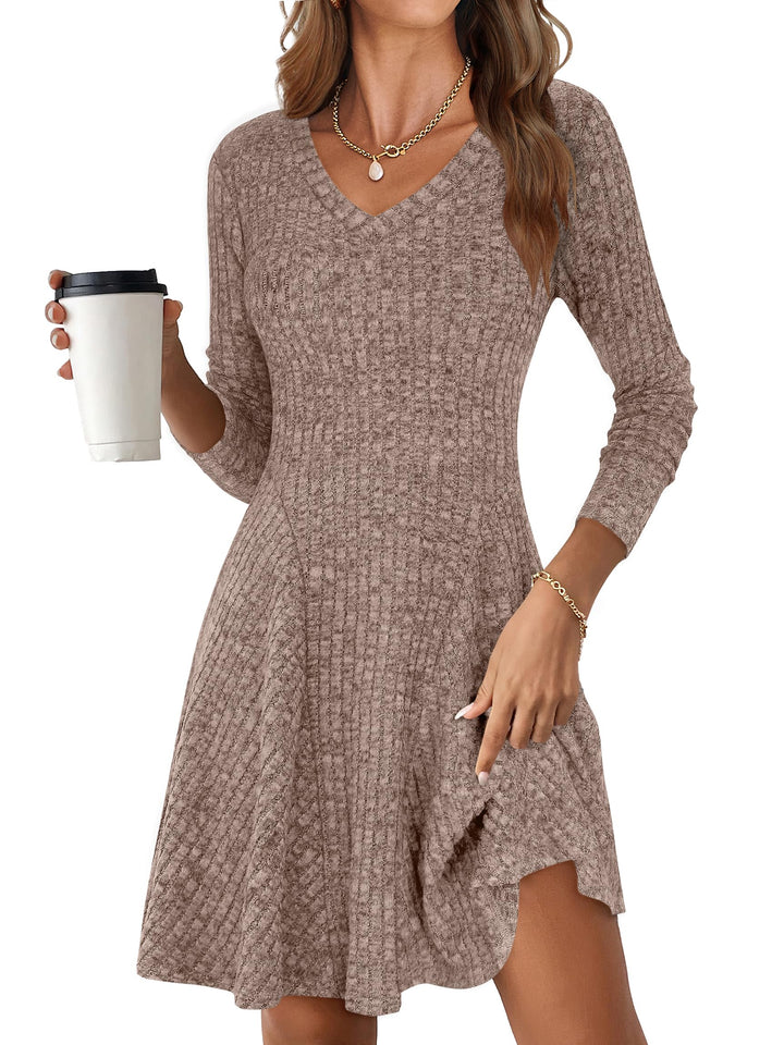 ANRABESS Women Long Sleeve Ribbed Knit Short Dresses 2025 Fall Winter V Neck Casual Swing A Line Sweater Dress