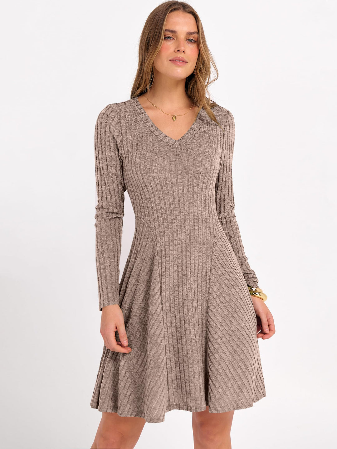 ANRABESS Women Long Sleeve Ribbed Knit Short Dresses 2025 Fall Winter V Neck Casual Swing A Line Sweater Dress