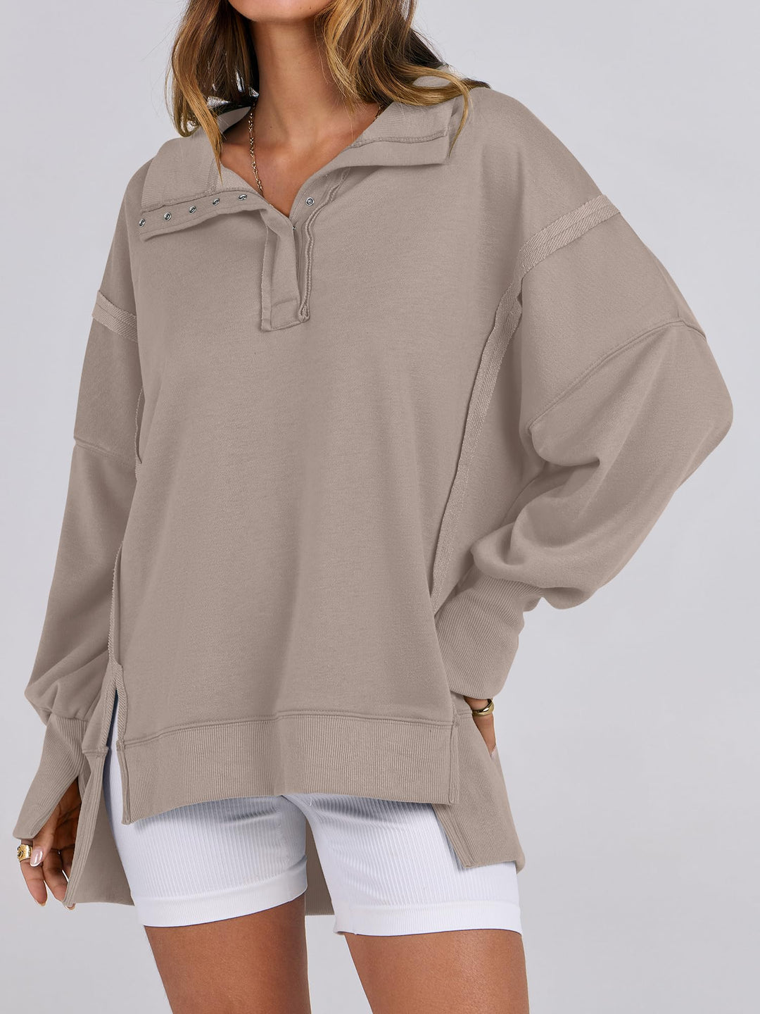 ANRABESS Women's Sweatshirts Oversized Casual Loose Button Up Henley Pullover Top High Low Split 2025 Fall Fashion Outfits