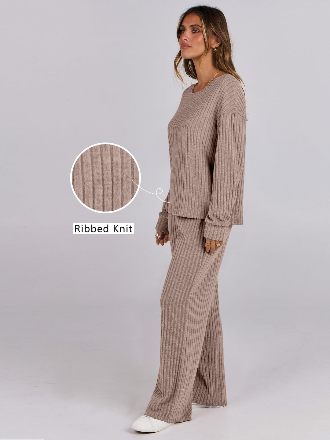 ANRABESS Women 2 Piece Lounge Pajamas Sets Casual Ribbed Knit Long Sleeve Top Pants Matching Set 2025 Fall Outfits Clothes