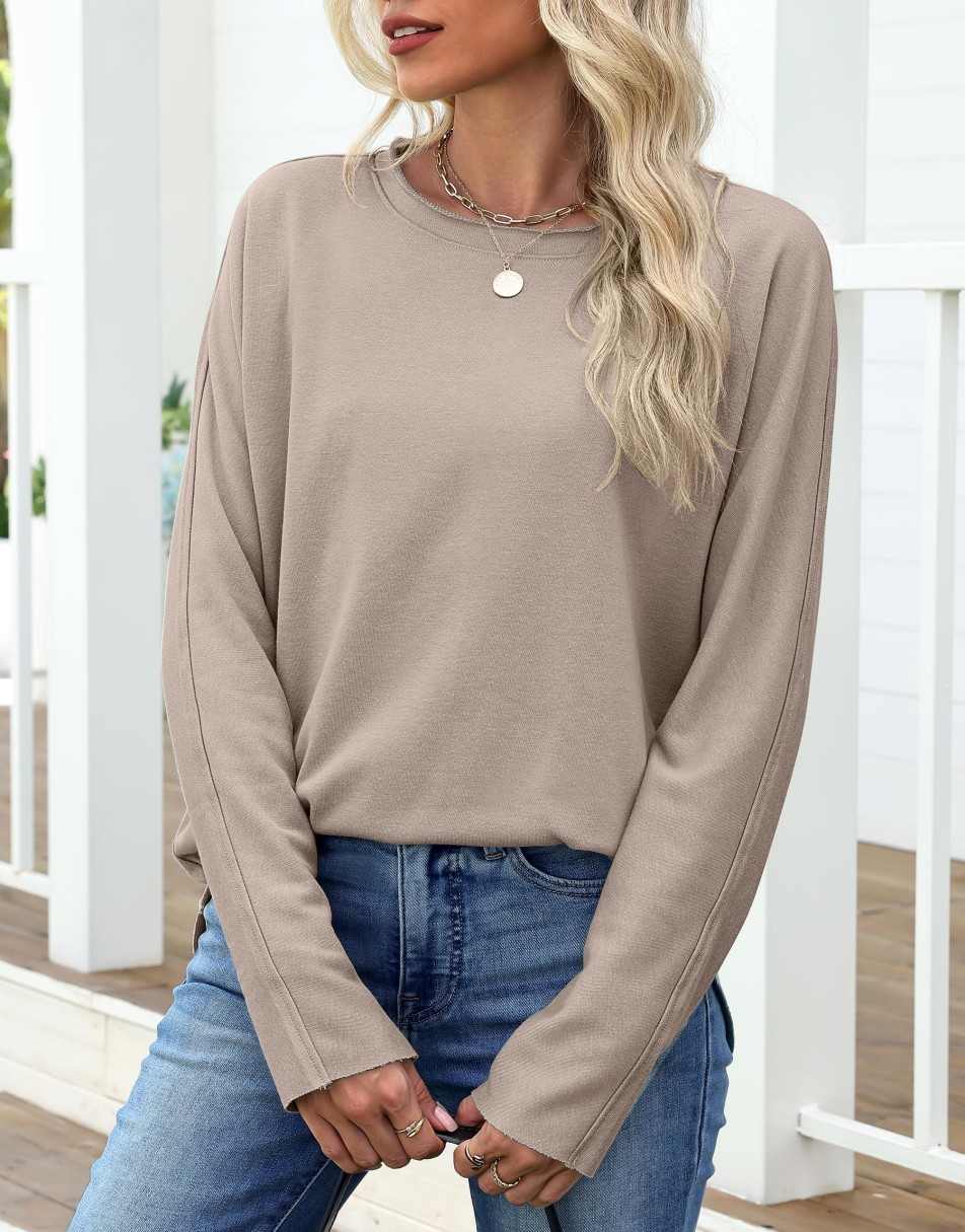 ANRABESS 2025 Fall Fashion Sweatshirt for Women Raw Edges Long Sleeve Shirts Crewneck Loose Fit Curve Hem Pullover Tops