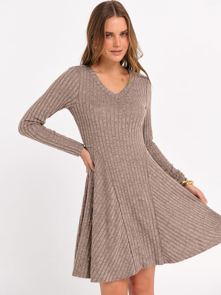 ANRABESS Women Long Sleeve Ribbed Knit Short Dresses 2025 Fall Winter V Neck Casual Swing A Line Sweater Dress