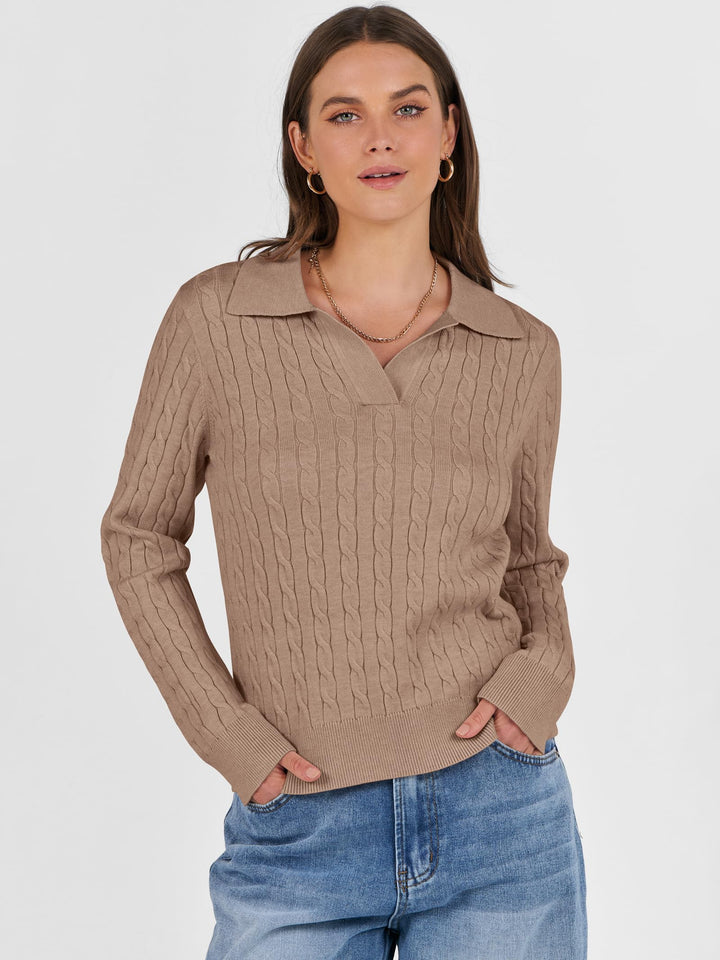 ANRABESS Womens Cable Knit Sweaters Long Sleeve V Neck Sweater Tops Casual Pullover Polo Shirts 2025 Fall Fashion Outfits