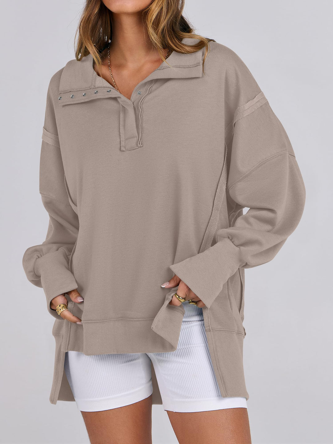 ANRABESS Women's Sweatshirts Oversized Casual Loose Button Up Henley Pullover Top High Low Split 2025 Fall Fashion Outfits