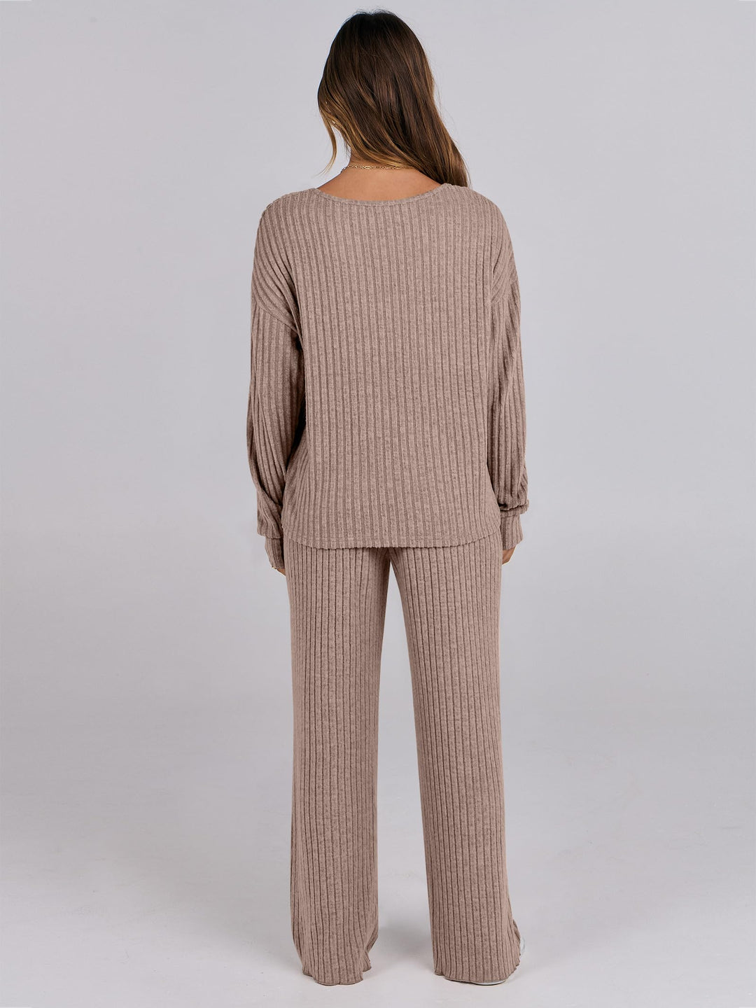 ANRABESS Women 2 Piece Lounge Pajamas Sets Casual Ribbed Knit Long Sleeve Top Pants Matching Set 2025 Fall Outfits Clothes