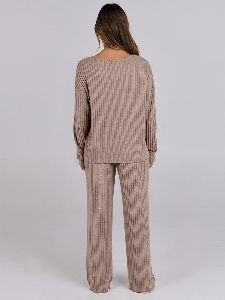 ANRABESS Women 2 Piece Lounge Pajamas Sets Casual Ribbed Knit Long Sleeve Top Pants Matching Set 2025 Fall Outfits Clothes