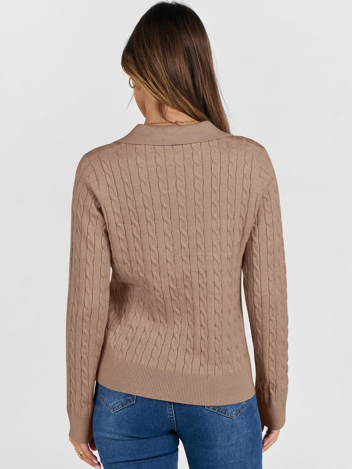 ANRABESS Womens Cable Knit Sweaters Long Sleeve V Neck Sweater Tops Casual Pullover Polo Shirts 2025 Fall Fashion Outfits