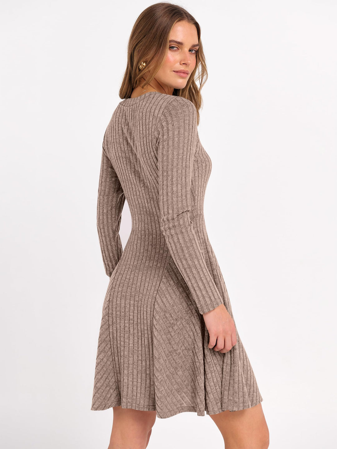ANRABESS Women Long Sleeve Ribbed Knit Short Dresses 2025 Fall Winter V Neck Casual Swing A Line Sweater Dress
