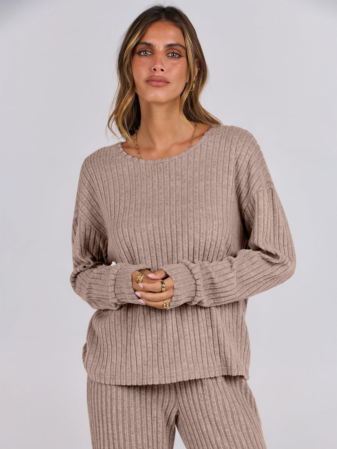 ANRABESS Women 2 Piece Lounge Pajamas Sets Casual Ribbed Knit Long Sleeve Top Pants Matching Set 2025 Fall Outfits Clothes