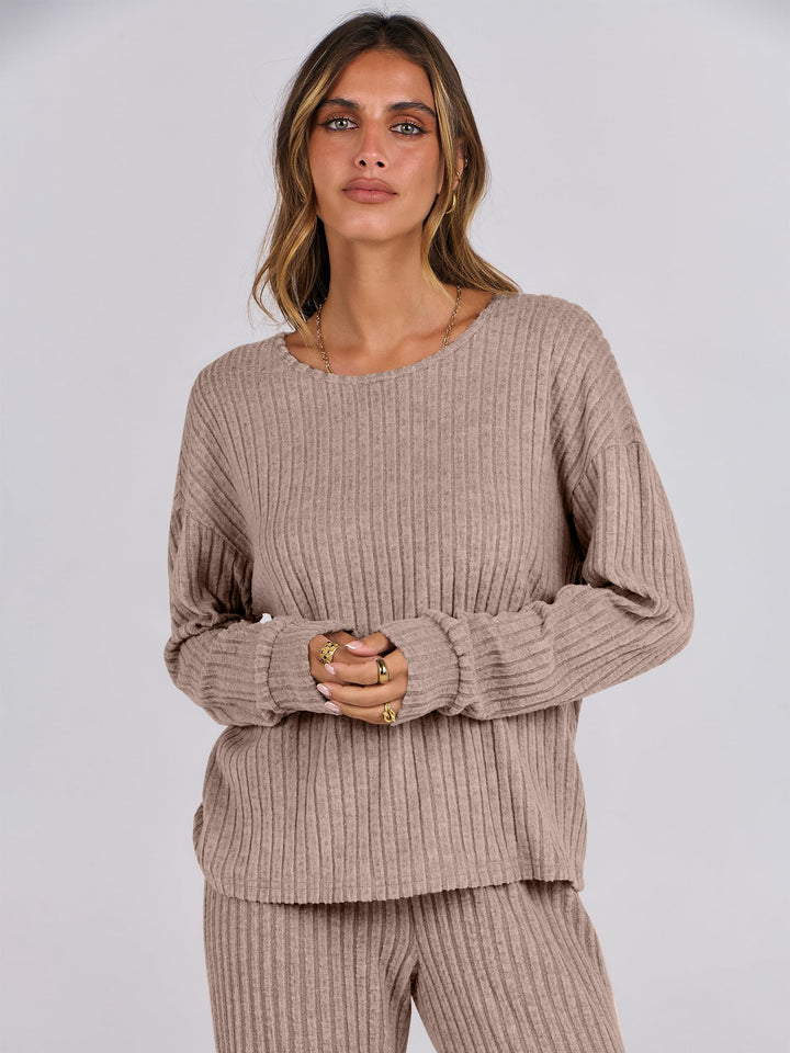 ANRABESS Women 2 Piece Lounge Pajamas Sets Casual Ribbed Knit Long Sleeve Top Pants Matching Set 2025 Fall Outfits Clothes