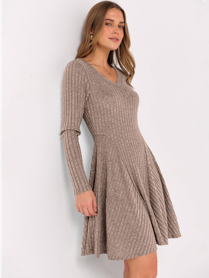 ANRABESS Women Long Sleeve Ribbed Knit Short Dresses 2025 Fall Winter V Neck Casual Swing A Line Sweater Dress