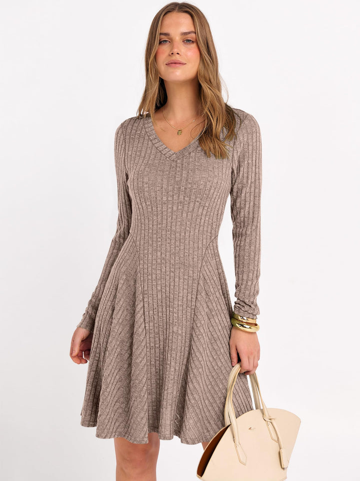 ANRABESS Women Long Sleeve Ribbed Knit Short Dresses 2025 Fall Winter V Neck Casual Swing A Line Sweater Dress