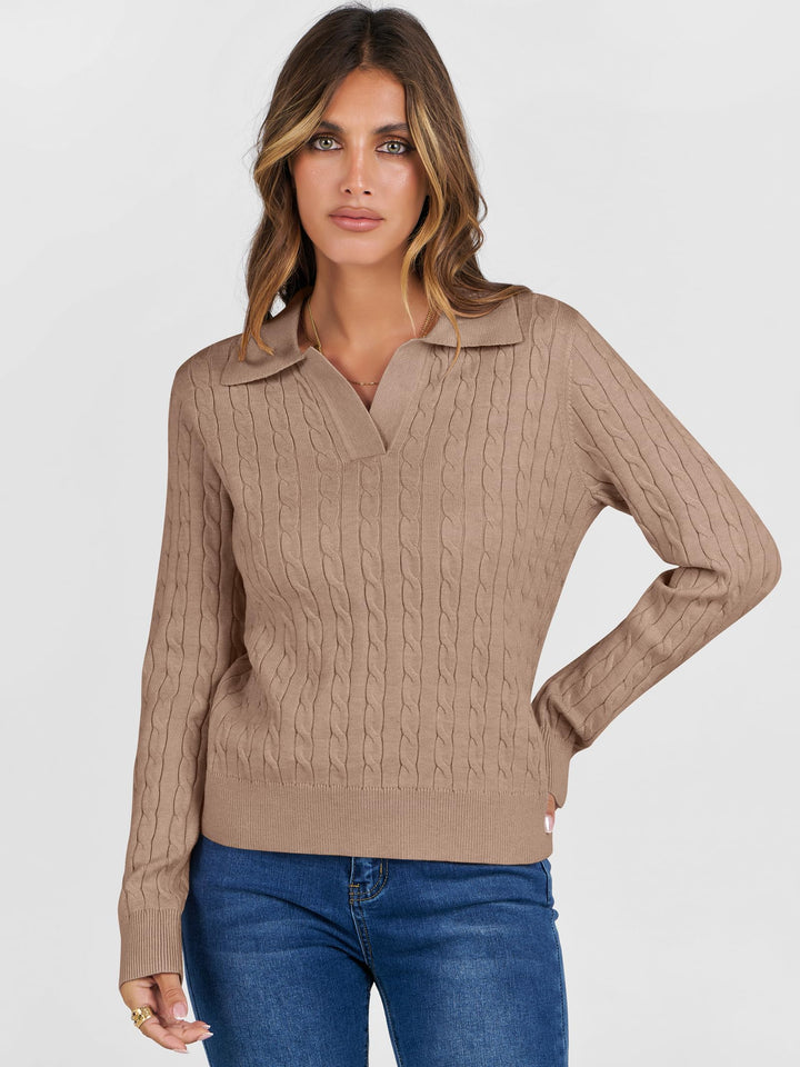 ANRABESS Womens Cable Knit Sweaters Long Sleeve V Neck Sweater Tops Casual Pullover Polo Shirts 2025 Fall Fashion Outfits