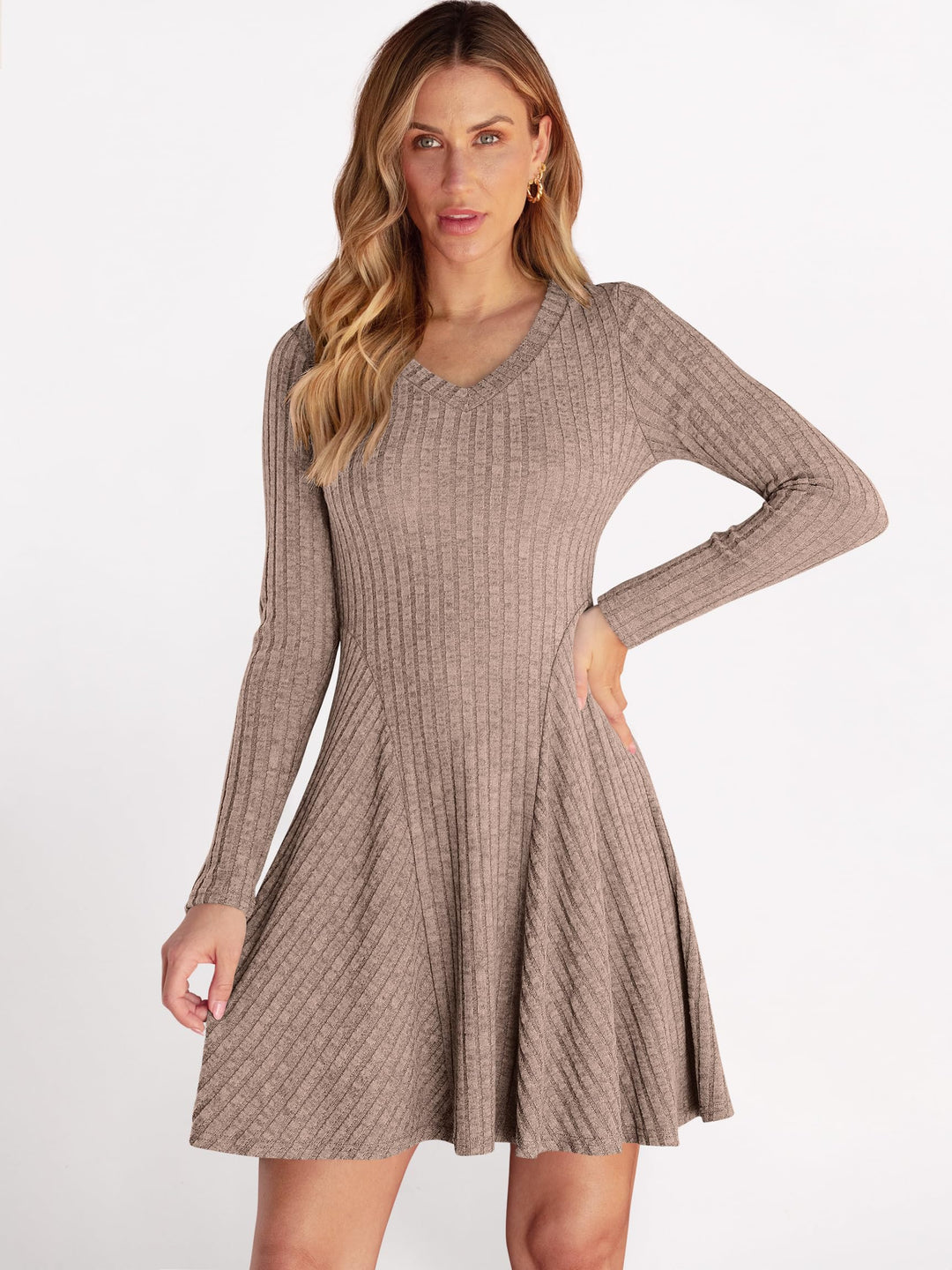ANRABESS Women Long Sleeve Ribbed Knit Short Dresses 2025 Fall Winter V Neck Casual Swing A Line Sweater Dress