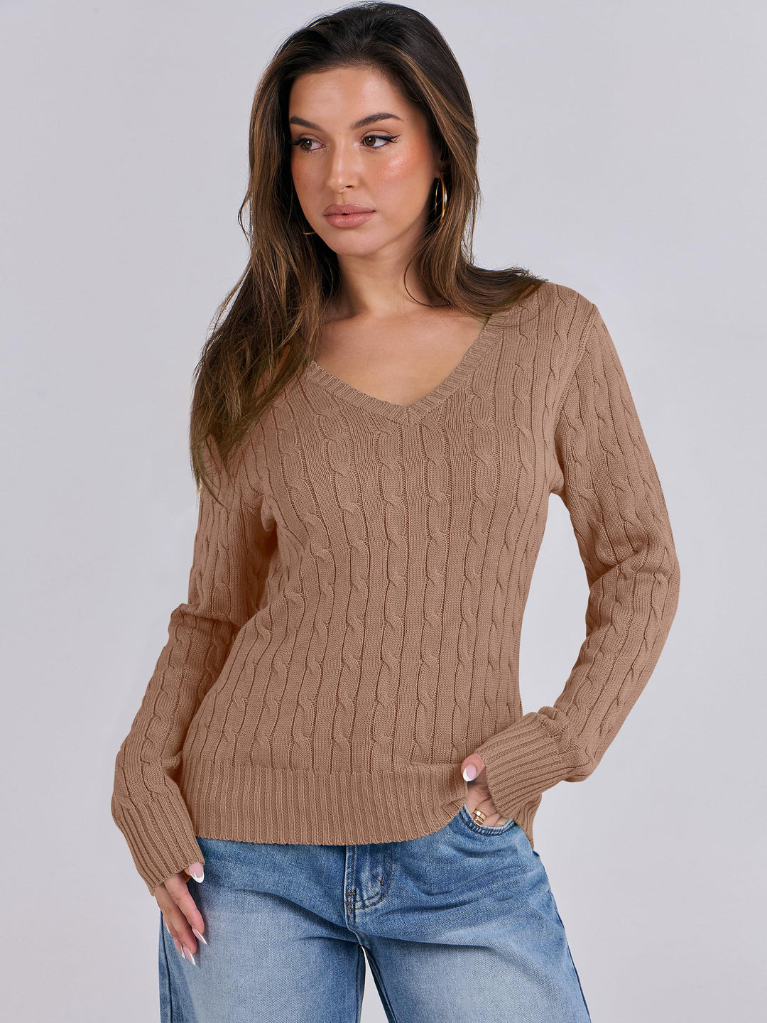 ANRABESS Womens Long Sleeve Cable Knit Sweater 2025 Fall Fashion V Neck Fitted Pullover Top Business Casual Work Fall Outfits