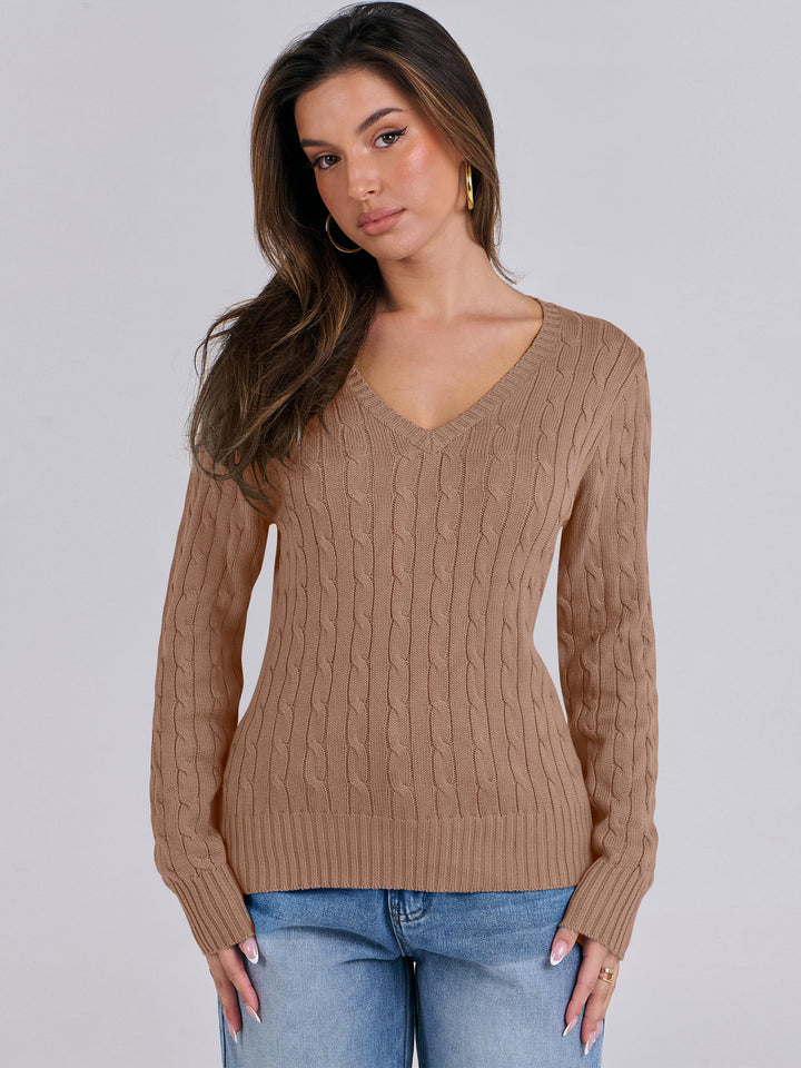 ANRABESS Womens Long Sleeve Cable Knit Sweater 2025 Fall Fashion V Neck Fitted Pullover Top Business Casual Work Fall Outfits