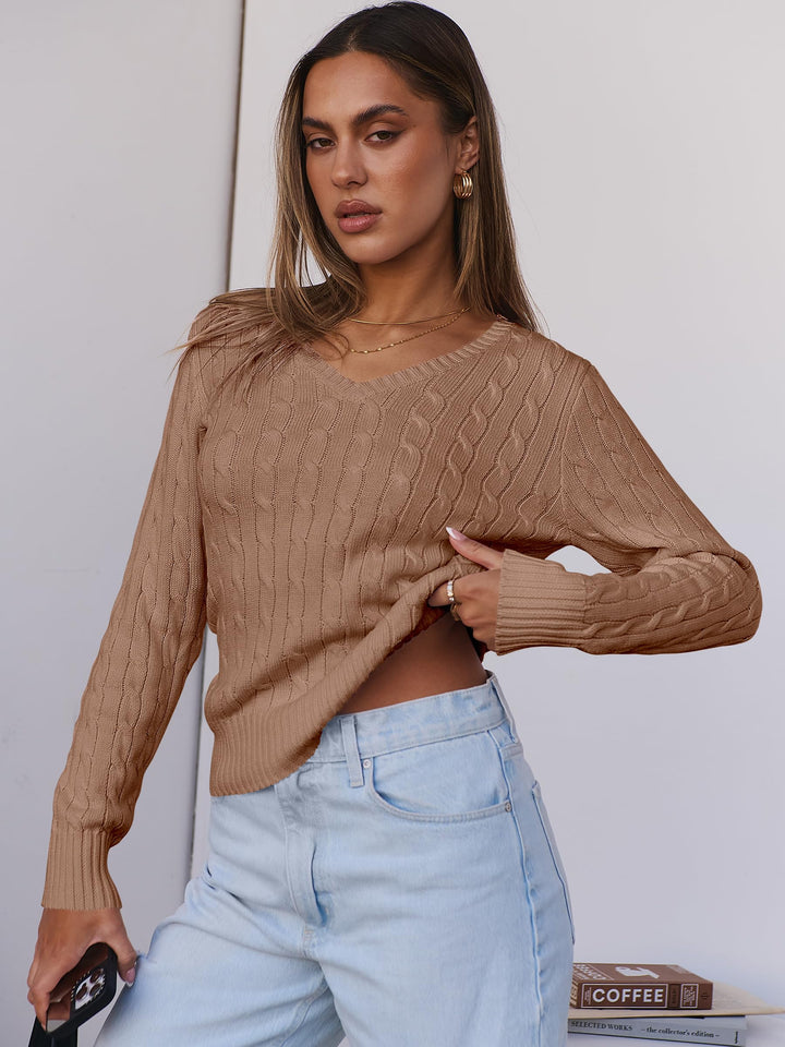 ANRABESS Womens Long Sleeve Cable Knit Sweater 2025 Fall Fashion V Neck Fitted Pullover Top Business Casual Work Fall Outfits