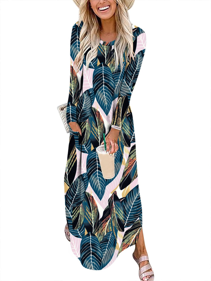 ANRABESS Women's Long Sleeve Maxi Dresses 2025 Fall Outfits Casual Loose Split Travel Vacation T Shirt Dress with Pockets