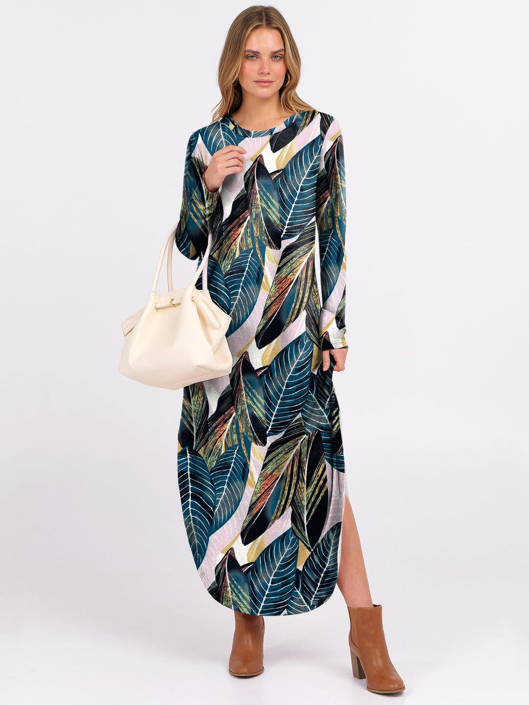 ANRABESS Women's Long Sleeve Maxi Dresses 2025 Fall Outfits Casual Loose Split Travel Vacation T Shirt Dress with Pockets