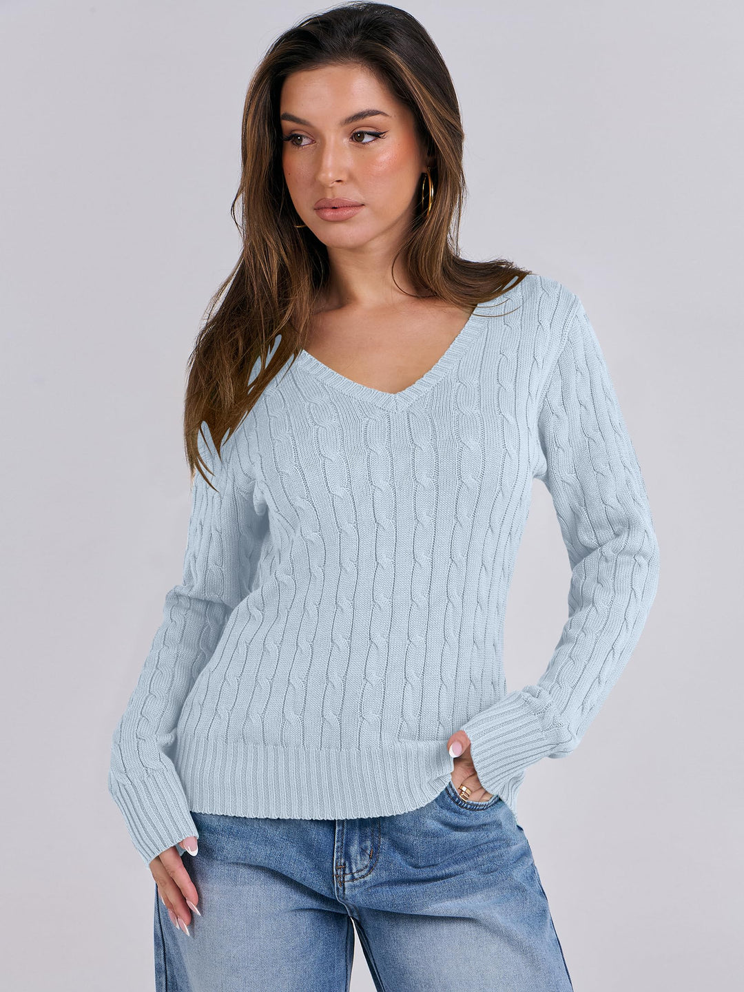 ANRABESS Womens Long Sleeve Cable Knit Sweater 2025 Fall Fashion V Neck Fitted Pullover Top Business Casual Work Fall Outfits