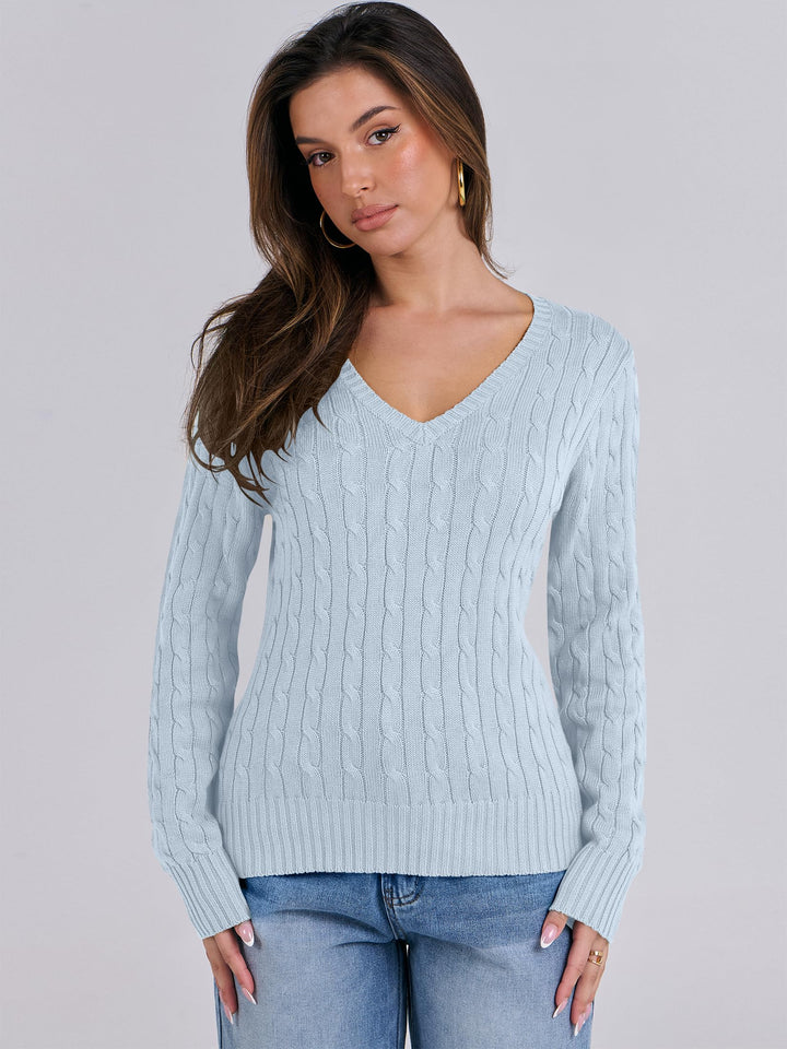 ANRABESS Womens Long Sleeve Cable Knit Sweater 2025 Fall Fashion V Neck Fitted Pullover Top Business Casual Work Fall Outfits