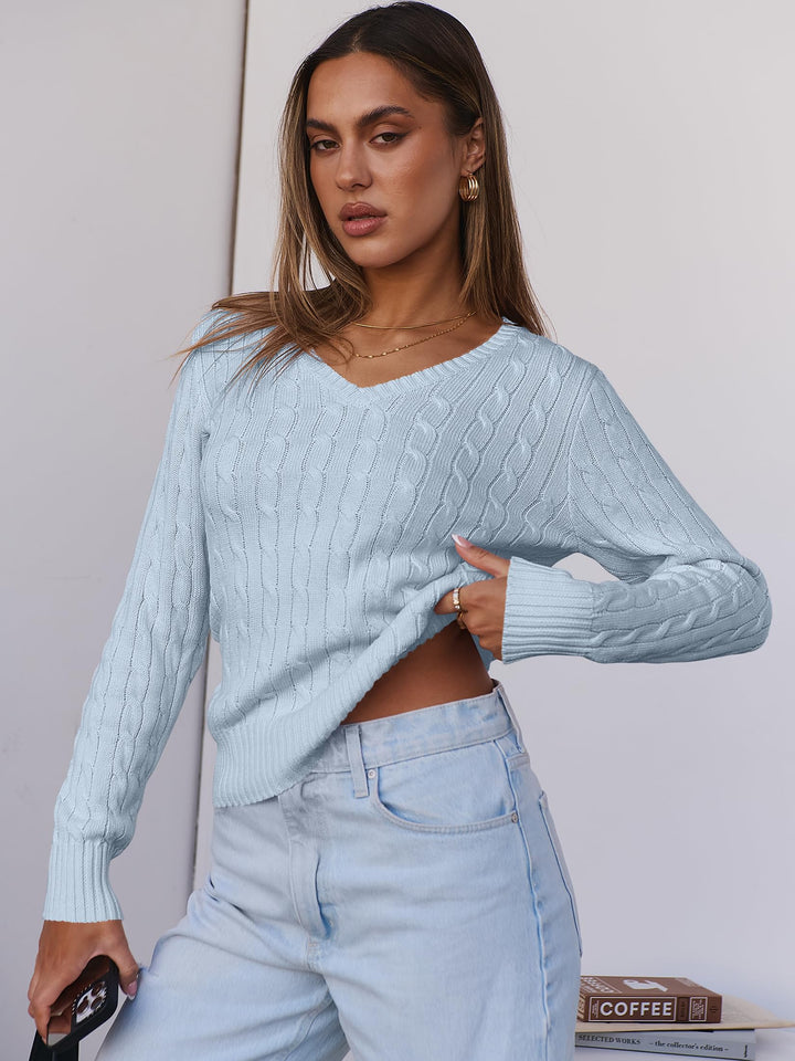 ANRABESS Womens Long Sleeve Cable Knit Sweater 2025 Fall Fashion V Neck Fitted Pullover Top Business Casual Work Fall Outfits
