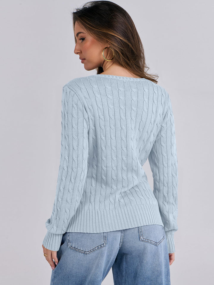 ANRABESS Womens Long Sleeve Cable Knit Sweater 2025 Fall Fashion V Neck Fitted Pullover Top Business Casual Work Fall Outfits