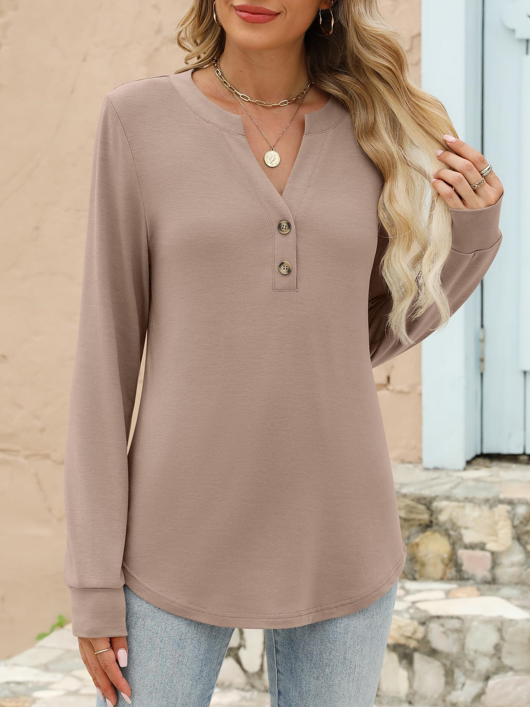 ANRABESS Women's Long Sleeve Shirts 2025 Fall Henley Business Casual Tops Cute T-Shirts Work Blouses Outfits Vacation Clothes