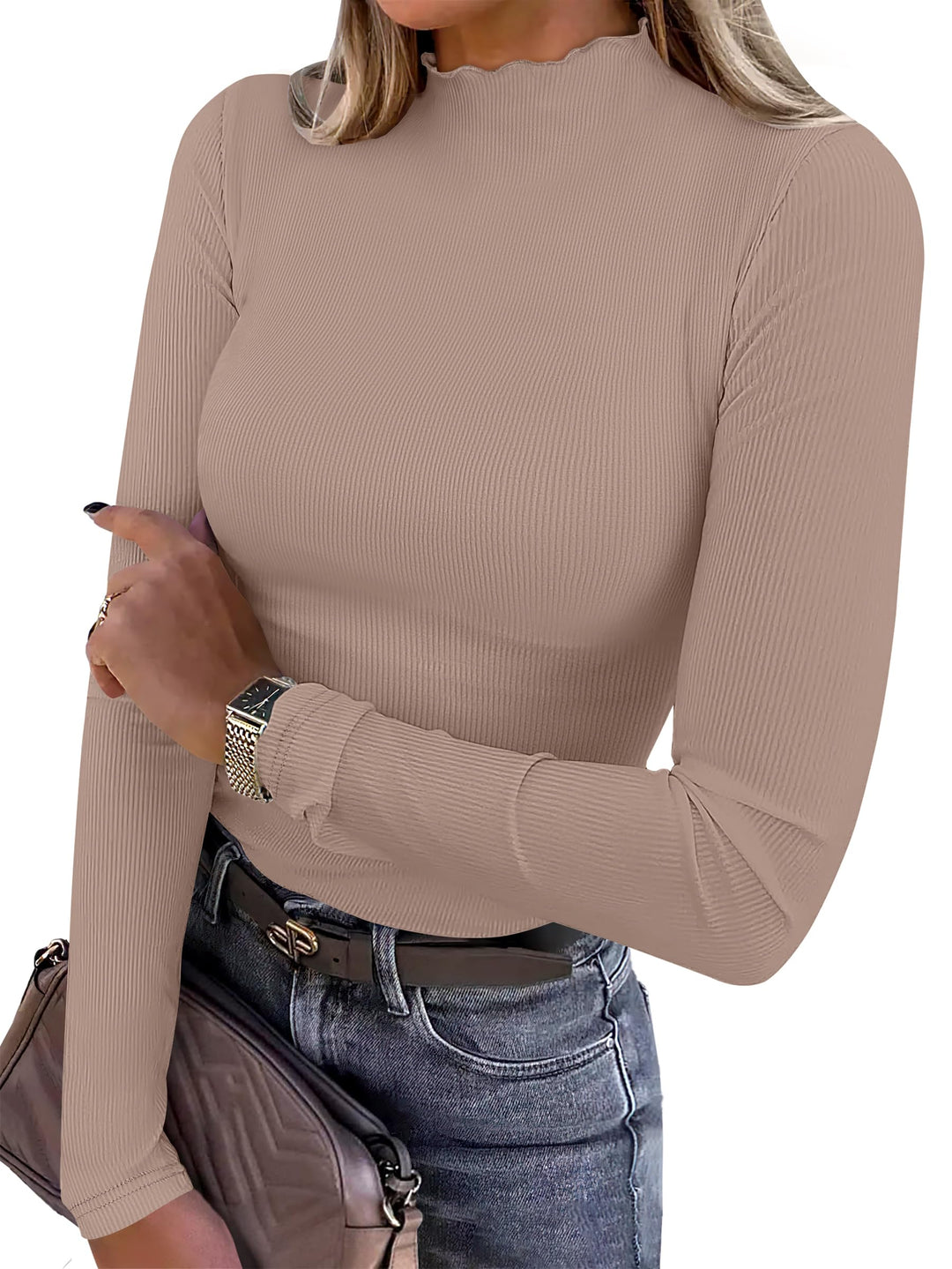 ANRABESS Women's Lettuce Trim Mock Neck Long Sleeve Tops 2025 Casual Dressy Ribbed Knit Slim Fit Tee Shirt Fall Layer Outfits