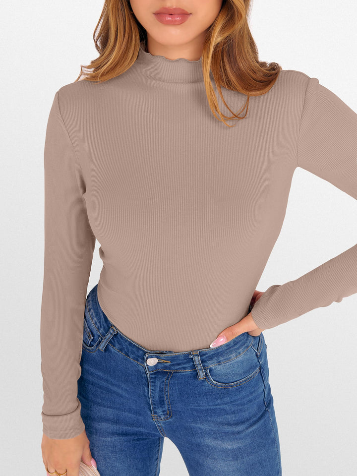 ANRABESS Women's Lettuce Trim Mock Neck Long Sleeve Tops 2025 Casual Dressy Ribbed Knit Slim Fit Tee Shirt Fall Layer Outfits