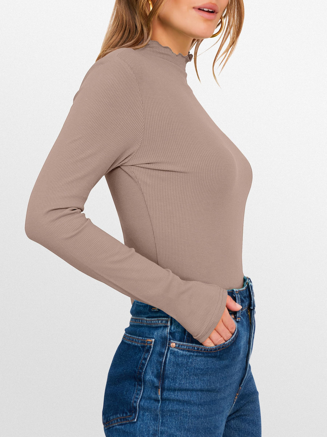 ANRABESS Women's Lettuce Trim Mock Neck Long Sleeve Tops 2025 Casual Dressy Ribbed Knit Slim Fit Tee Shirt Fall Layer Outfits