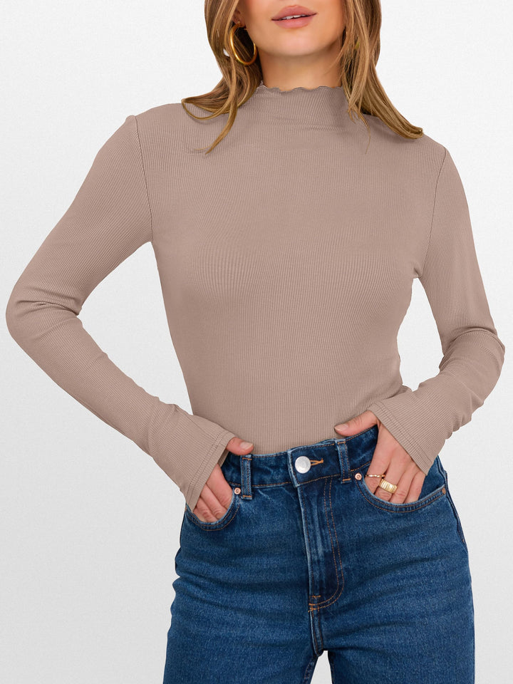 ANRABESS Women's Lettuce Trim Mock Neck Long Sleeve Tops 2025 Casual Dressy Ribbed Knit Slim Fit Tee Shirt Fall Layer Outfits
