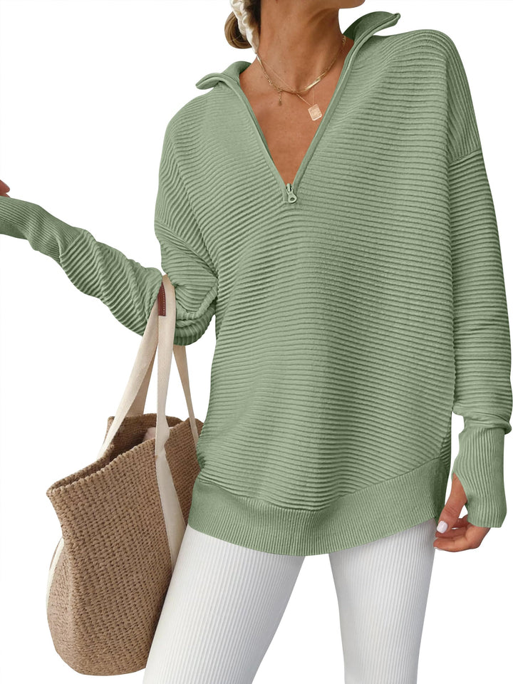 ANRABESS Womens Long Sleeve Quarter Zip Pullover Sweater Casual Loose V Neck Collared Ribbed Knit Jumper Tops Thumb Hole
