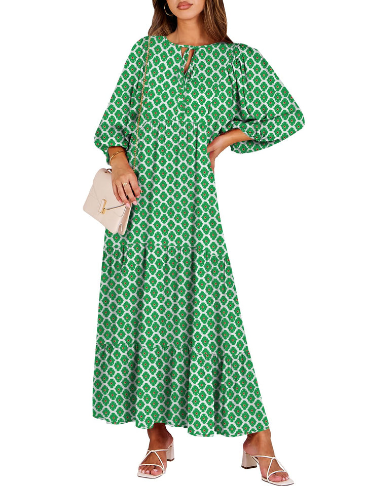 ANRABESS Womens Boho Maxi Dresses 2025 Summer V Neck Puff Sleeve Floral Flowy Swing Fall Casual Long Dress