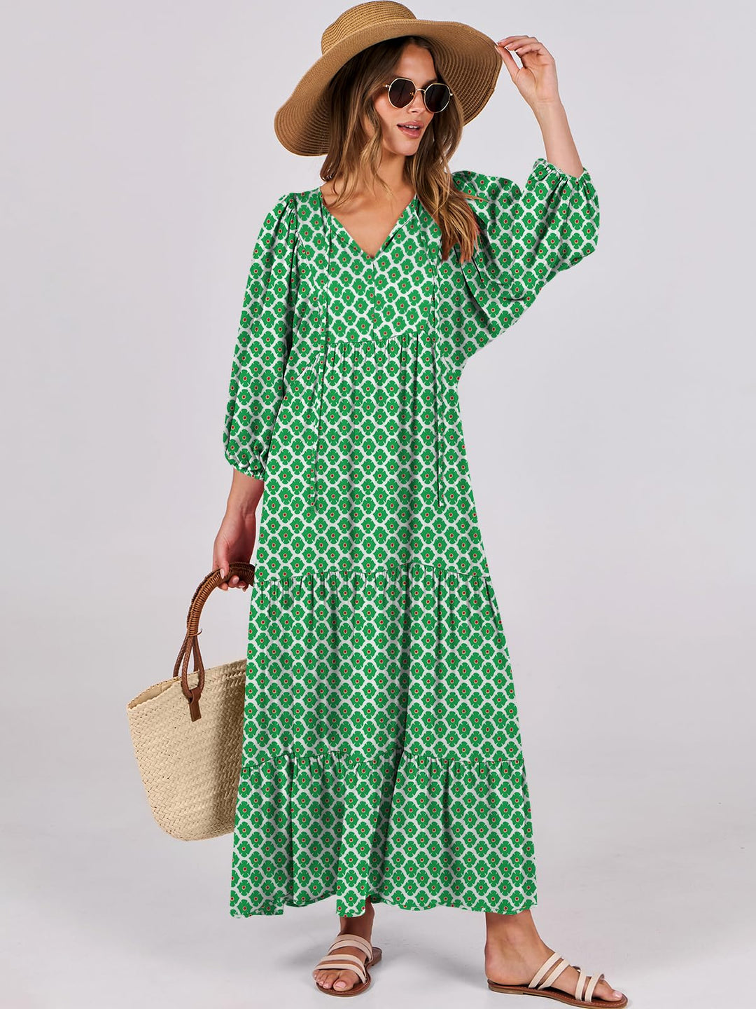 ANRABESS Womens Boho Maxi Dresses 2025 Summer V Neck Puff Sleeve Floral Flowy Swing Fall Casual Long Dress