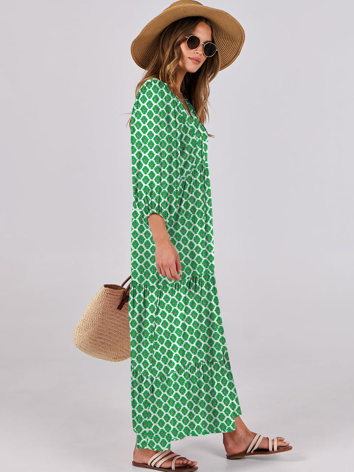ANRABESS Womens Boho Maxi Dresses 2025 Summer V Neck Puff Sleeve Floral Flowy Swing Fall Casual Long Dress