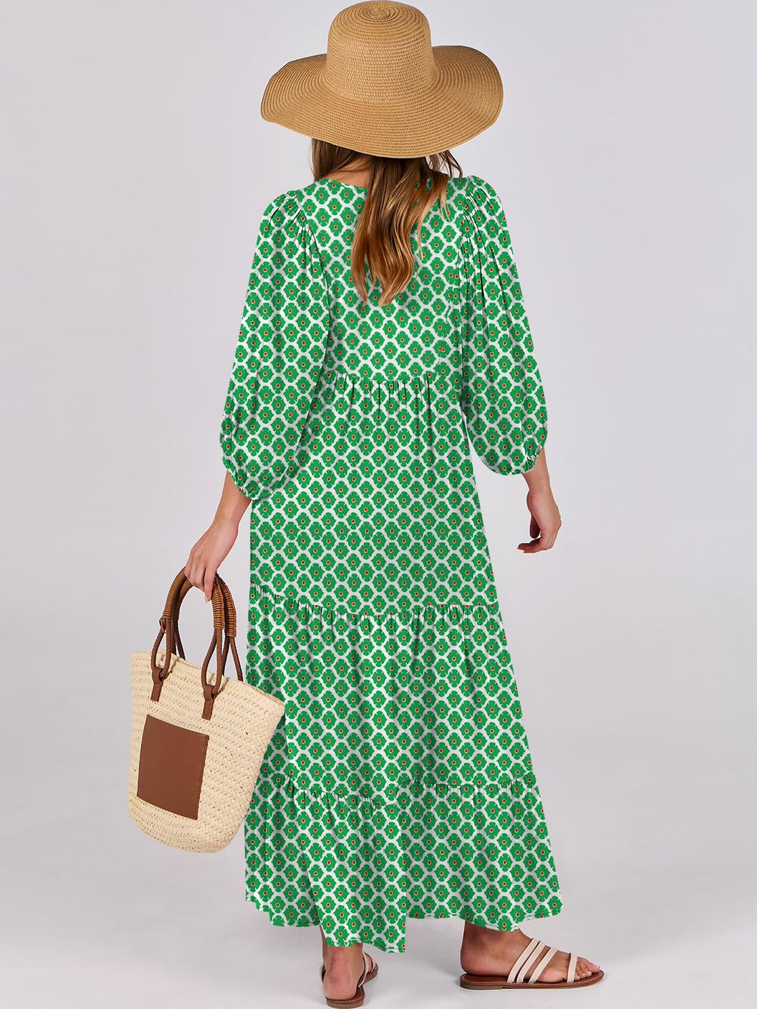 ANRABESS Womens Boho Maxi Dresses 2025 Summer V Neck Puff Sleeve Floral Flowy Swing Fall Casual Long Dress